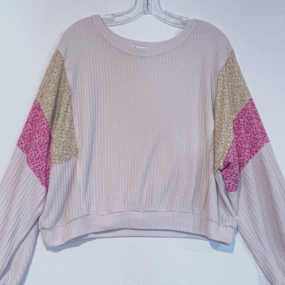 Ivy May Waffle Knit Boho Top M Oversized Patchwork Sleeves Floral Colorblock - Picture 1 of 9